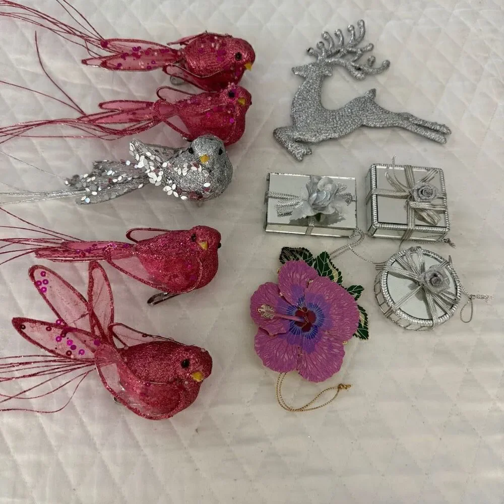 Christmas Ornaments Birds, Mirrored Gift boxes, Reindeer, Orchid